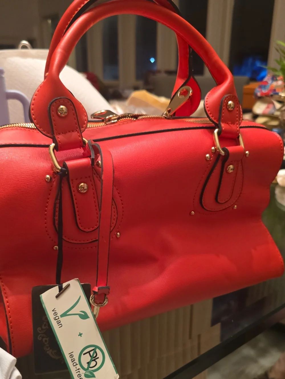 Red Vegan Leather Structured Satchel Bag